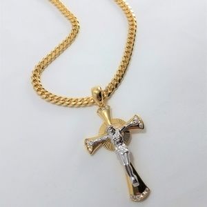 26" Cuban Link & Crucifix 14K Gold & Solid Silver